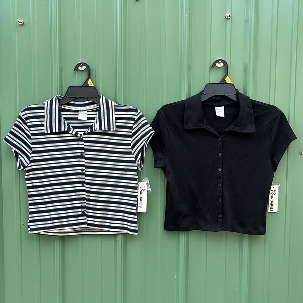 Women’s Button Front Cropped Striped Polo Shirt 2-Pack Size L